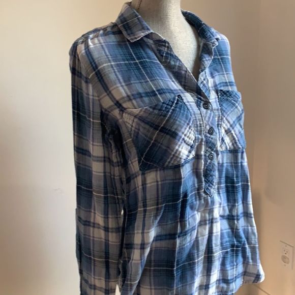 Anthropologie Cloth & Stone blue and white plaid cotton blouse - Picture 2 of 6